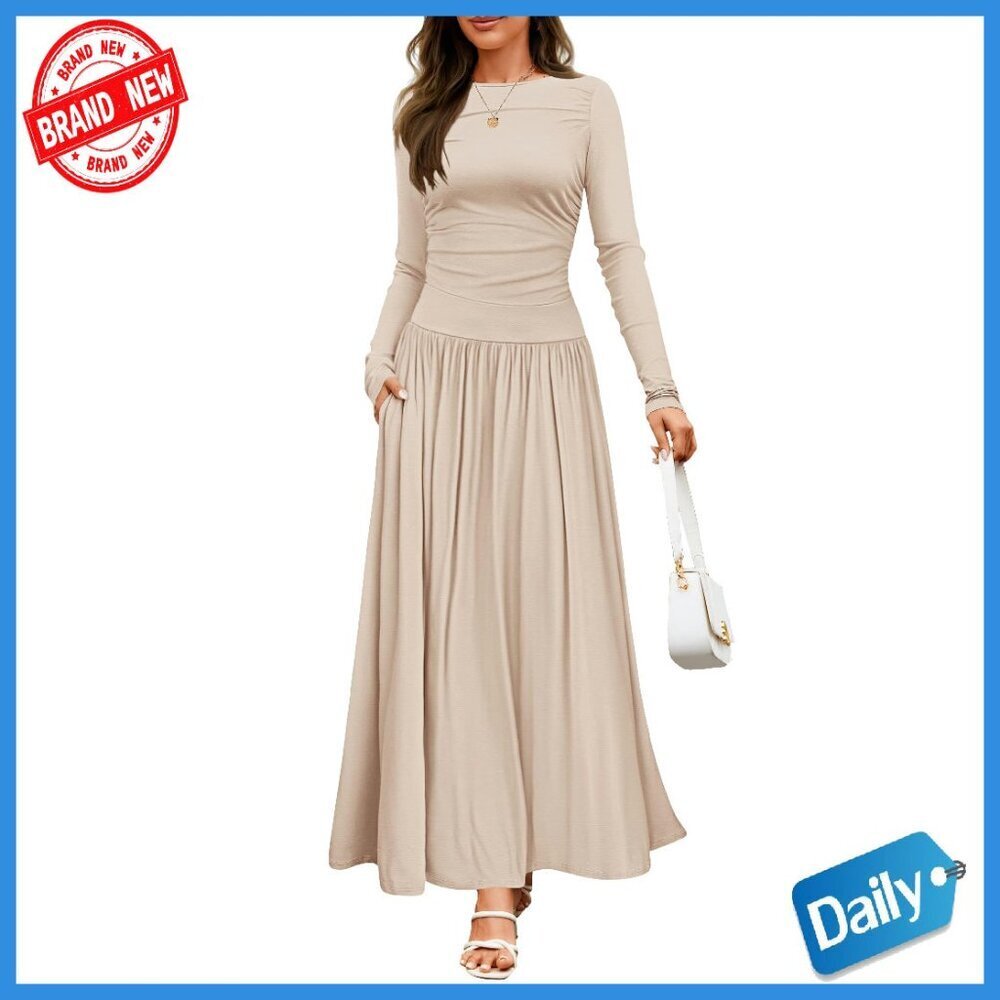 Long Sleeve Maxi Dress Knit Crewneck Slim Swing Pockets Fall Winter